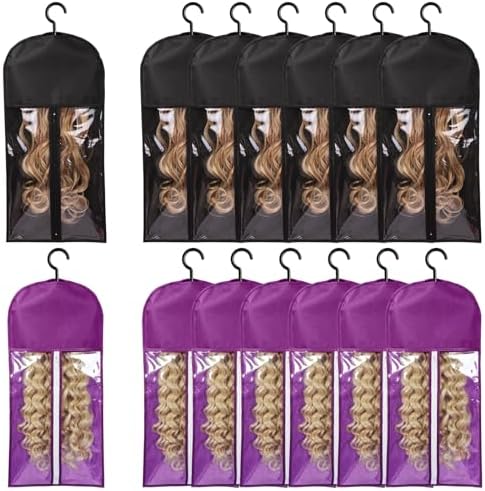 12PCS Wig Bags With Hanger - Hair Extension Holder for Multiple Wigs - Organizer (6PCS Black & 6PCS Purple) by AIHOPESTO
