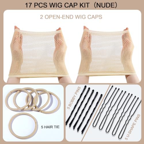 FANDAMEI Wig Cap Set for Long Hair, 2 PCS Large Open End Hair Cap for Wigs, 30 CM Nylon Wig Net Non-Slip Mesh Wig Cap, Wig Caps with 10 Hair Pins 5 Hair Ties for Halloween Rave Cosplay-17 PCS in Total - Image 3