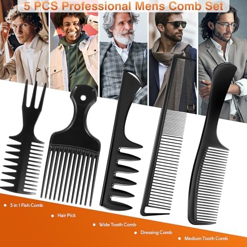 SALONSILK 5Pcs Combs for Men, Hair Pick Comb Set for Afro Black Mens Curls, Wide Tooth Medium Toothed Styling Dressing for Twist Detangler Natural Hair - Image 2