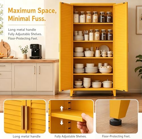61" Tall Metal Pantry Cabinet with Lock and 3 Adjustable Shelves,Freestanding Heavy Duty Steel Storage Locker,Yellow Metal Cabinets for Kitchen,Living Room,Home 61" H X 27.6" W X 13.8" D - Image 4