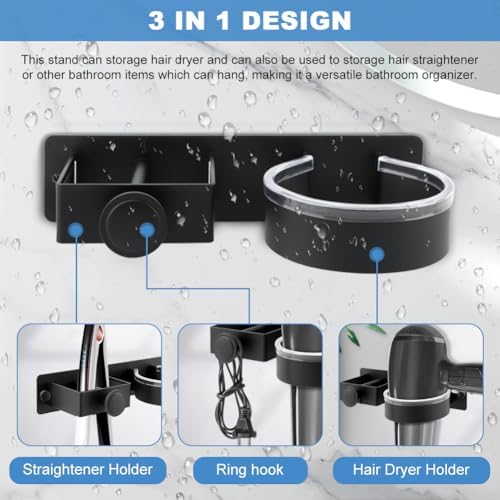 Black Hair Dryer Holder Wall Mount, No Drill Hair Tool Organizer - Image 3