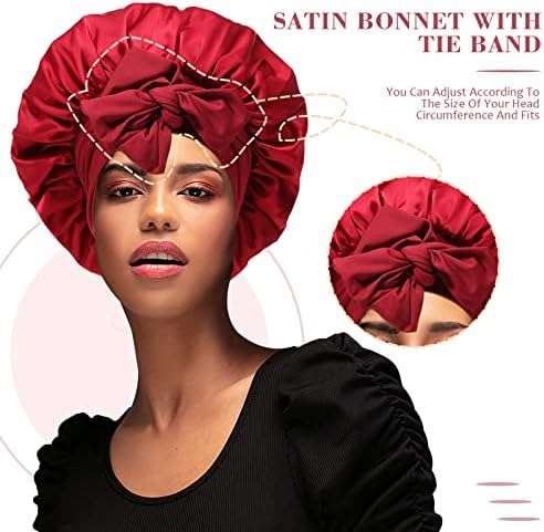 AWAYTR Wide Band Satin Bonnet, Tie-Band Sleep Cap for Curly Hair Women Red - Image 3