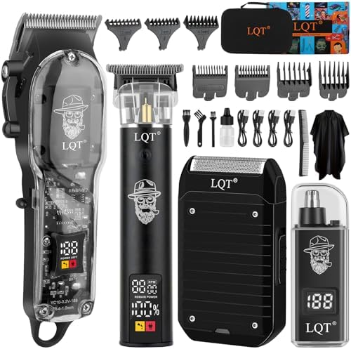 Professional 4-in-1 Barber Kit for Men, Cordless Hair Clippers & Beard Trimmer, Foil Shaver & Nose Trimmer Set with LED Display, Complete Grooming Kit for Home,Travel Case, Gifts for Men by LQT