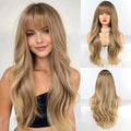 HAIRCUBE Long Blonde Mixed Brown Wig with Bangs Layered Curly Wigs for Women Natural Synthetic Wigs for Daily Use (pelucas de cabello natural) by HAIRCUBE