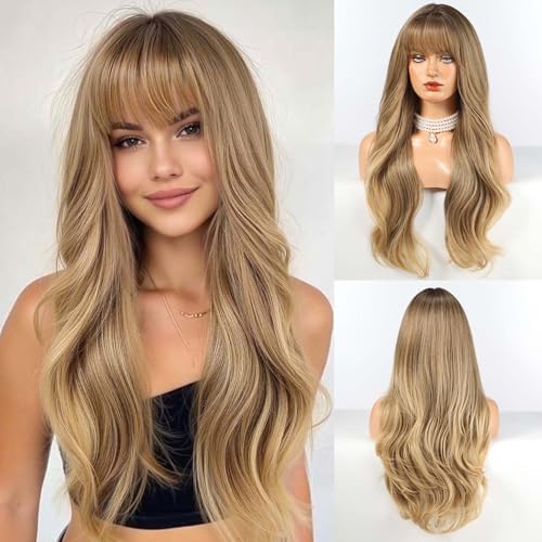 HAIRCUBE Long Blonde Mixed Brown Wig with Bangs Layered Curly Wigs for Women Natural Synthetic Wigs for Daily Use (pelucas de cabello natural) by HAIRCUBE