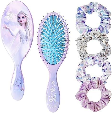 Frozen Princess Elsa Hair Accessory 5 Pcs Set - 1 Regular 9 inch Frozen Hairbrush & 4 Frozen Scrunchies - Detangling Brush & Elastic Hair Ties Ropes for Girls, Ages 3+ by LUVHERKIDS
