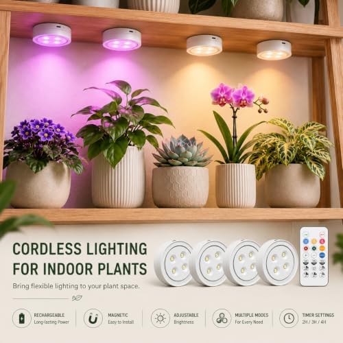 Rechargeable Grow Lights for Indoor Plants, 4000mAh Full Spectrum Wireless Magnetic Puck Grow Lights with Remote Control, Timer, Stepless Dimming and Type-C Charging for Plant Shelf and Flowers - Image 2