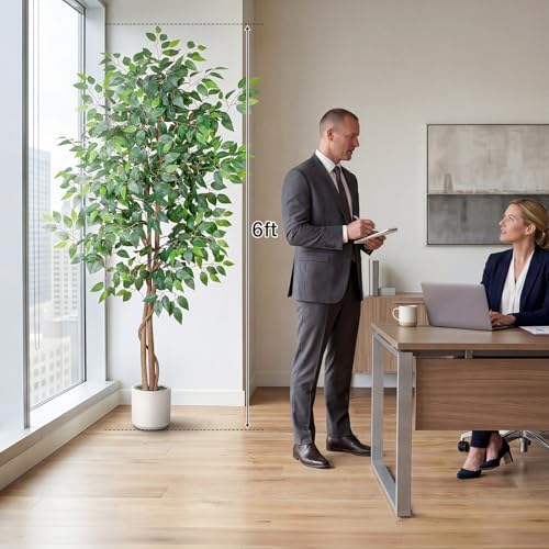 Artificial Ficus Tree 6FT Tall, Faux Ficus Tree Indoor Outdoor, Fake Silk Ficus Plant with Planter, Lifelike Leaves Large Potted Floor Tree for Home Office Living Room Porch Decor - Image 2