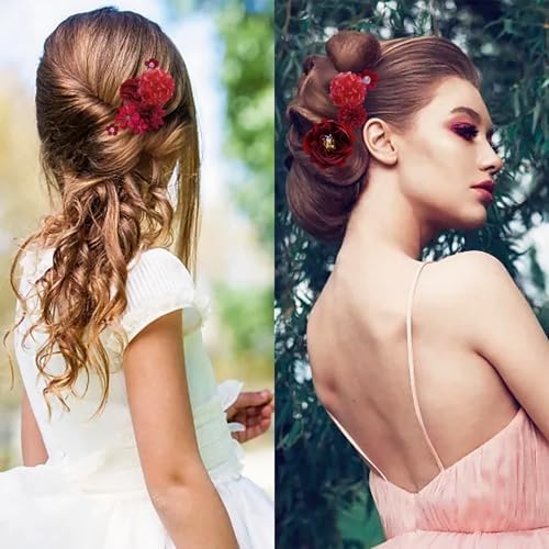 21 PCS Hair Flowers Boho Hair Barrettes Accessories Hawaiian Silk Flower Clips Girls Red Floral Bride Headpiece Festival(Red) - Image 3