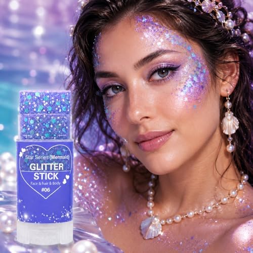 Purple Hair Glitter Stick for Kids, Mermaid Face Body Glitter Makeup with Chunky Sequins, Purple Glitter for Hair Face Body, Mardi Gras Accessories, Halloween Carnival Festival Rave Party (06Purple) - Image 2