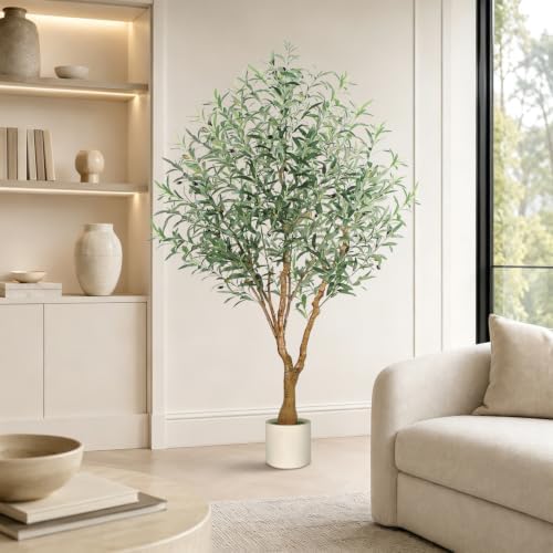 Olive Trees Artificial Indoor, 6FT Faux Olive Tree with White Tall Planter, Full Lush Artificial Plants with Large Olive Branches and Lifelike Fruits for Home Office Decor - Image 4