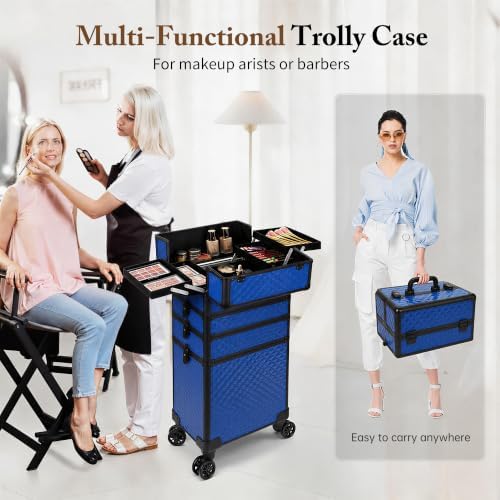 5 in 1 Rolling Makeup Train Case Professional Cosmetic Trolley Large Storage Organizer on Wheels for Hairstylist Artist Nail Beauty Salon Barber Blue - Image 2