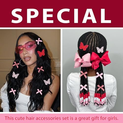 100pcs Hair Beads for Braids Dark Red Lace Embroidery Butterfly Hair Clips Gingham Small Hair Bows Acrylic Loc Dreadlock Pony Beads Y2K Hair Accessories for Girls - Image 5