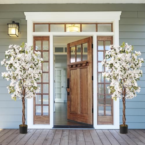 Goplus 6 FT Bougainvillea Artificial Tree, 2 Pack Faux Flower Tree in Pot with 910 Flowers, 105 Leaves, Real Wood Trunk, Tall Fake Floor Plant for Indoor Bedroom Living Room Decor, White - Image 2