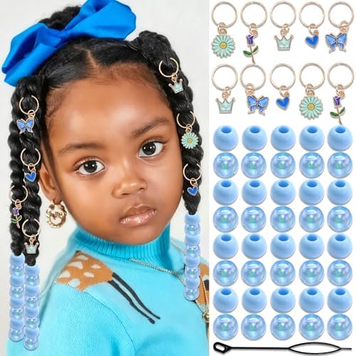 NAISKA 50PCS Blue Beads for Hair Flower Loc Jewelry 5 Styles Hair Charms Heart Butterfly Dreadlock Jewelry Braids Clips Lovely Loc Accessories for Kids Girls by NAISKA