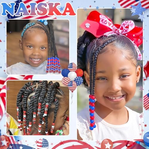 NAISKA 132PCS 4th of July Hair Beads Royal Blue Red Beads for Hair Patriotic Bead Sets 10 Styles Loc Pony Bead Independence Day Hair Accessories for Kids Girls - Image 7