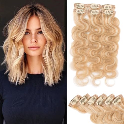 Rich Choices Clip In Hair Extension Real Human Hair-Wave/Curly 6 Pcs Single Clip Hairs Extension for Women-Invisible Mini Clips in Hairpieces-14 Inch #18P613 Ash Blonde Highlighted Bleach Blonde by RichChoices