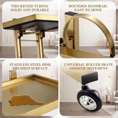 2-Tier Metal Rolling Cart – 34-Inch Folding Stainless Steel Salon Tray on Wheels, Utility Storage Trolley for Estheticians, Salon Studios and Shops, Dental Tools, Gold - Image 6