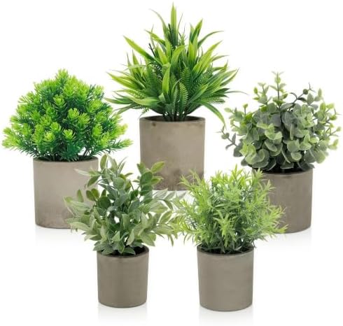 Artificial Potted Plants Set of 5, Realistic Faux Greenery in Cement Pots for Home Office Desk Bookshelf Decor, Small Fake Plants for Indoor Tabletop Decoration by AUUGUU