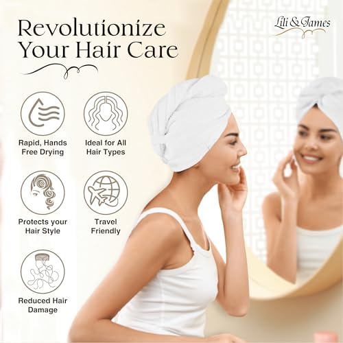 Lili&James 100% Cotton Hair Towel Wrap for Women & Kids – 420 GSM Quick Dry Hair Turban with Double Button Loop, Anti Frizz Non Microfiber Hair Drying Towel for Curly, Long & Thick Hair (White+Aqua) - Image 6