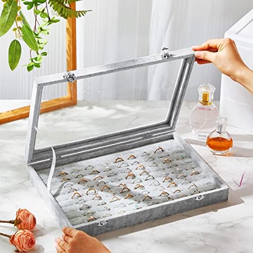 Yinkin 2 Pcs 100 Slots Ring Organizer Box with Transparent Glass Lid Necklace Display Tray Ring Case Velvet Jewelry Holder (Gray) - Image 4