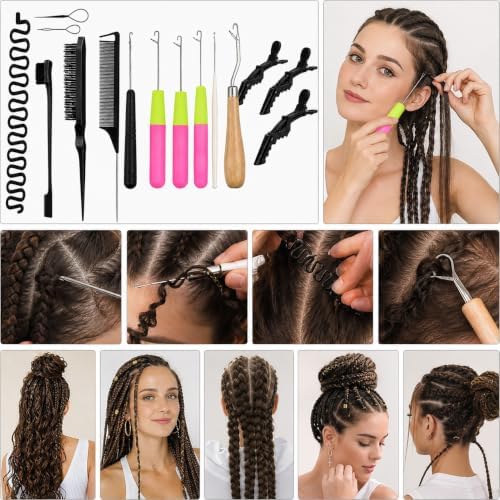 Nalexmi Crochet Hooks for Hair, Latch Hook Crochet Needle Set for Braiding, Locs, Dreadlocks and Passion Twist Extensions, with Tail Comb and Duckbill Hair Clips, Pink Styling Kit (15, Black) - Image 7
