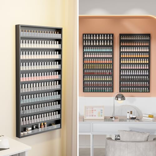 OmySalon Nail Polish Organizer Wall Mount - Holds 200 Bottles with Acrylic Barrier, Salon Display Rack for Home Spa & Nail Studio - Assembly Required, Wooden Polish Storage (Black, 10-Tier) - Image 7