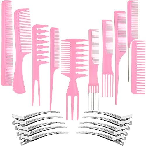 10 Hair Styling Comb Set with Duck Bill Clips, Anti-static Combs, and Metal Clips for Salon and Barber Use (Pink) by Boao