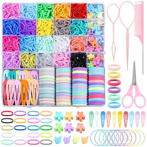 auroray Hair Accessories for Girl, 1543 Pcs Elastic Hair Rubber Bands Set 20 Colors Elastic Hair Ties with Organizer Box Cotton Baby Hair Ties, Hair Tail Tools, Rat Tail Comb, Butterfly Hair Clips by auroray