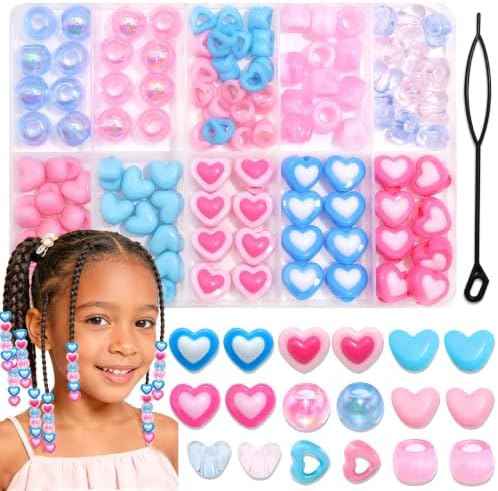NAISKA 108PCS Pink Blue Hair Beads Heart Beads for Hair 12 Styles Dreadlock Bead Clear Bead Loc Jewelry Cute Hair Accessories for Kids Girls by NAISKA
