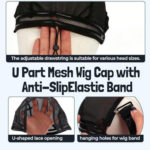 Adjustable Wig Cap with Anti-Slip Elastic Band Set, Breathable U Part Mesh Wig Cap Semi Spliced Caps with Strip Silicone Band for Lace Front & Closure Wigs All-Day Secure (13×6 in) - Image 3