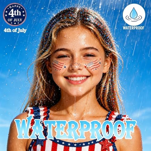 Go Ho 4th of July Red White and Blue Face Hair Body Glitter Stick + 6 Pcs Flag Glitter Freckle Face Tattoos,250 Anniversary USA Merchandise,Patriotic Independence Day Decorations Outfits for Women - Image 5