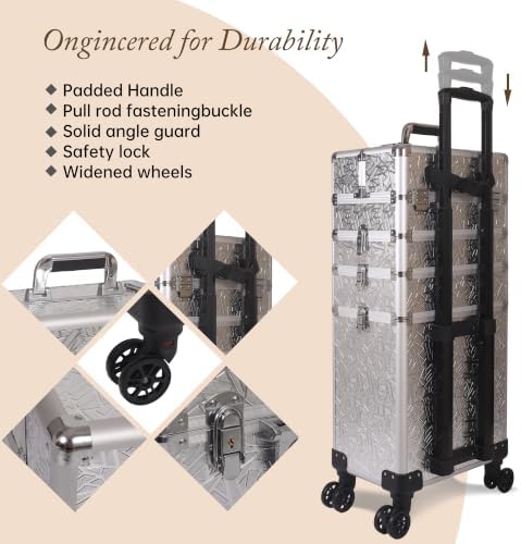 5 in 1 Rolling Makeup Train Case Professional Cosmetic Trolley Large Storage Organizer on Wheels for Hairstylist Artist Nail Beauty Salon Barber Silver - Image 4