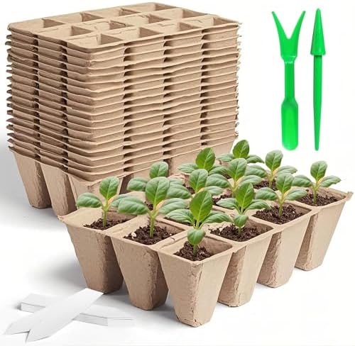 240 Cells Seed Thickened 12-Cell Peat Pots Seed Starter Kit - 20 Trays + Transplanting Tools & Plant Labels, Root-Friendly Seedling Cups for Vegetables Flowers Herbs Seed Starting by Unknown