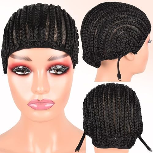 Crochet Wig Cap Breathable Braided Cornrow Cap with Adjustable Straps for Easier Sew in Hair Weave Glueless Black Braided Wig Cap with Combs for Making Wig (crochet caps,2pcs) by Royota