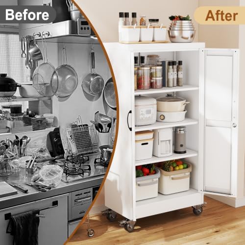 47" Metal Garage Storage Locker Cabinet with Wheels,Rolling White Lockable Tool Cabinet with 2 Doors and 3 Adjustable Shelves, Steel File Cabinet for Home Office Warehouse Gym - Image 7