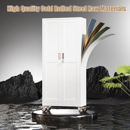 47" Metal Garage Storage Locker Cabinet with Wheels,Rolling White Kitchen Pantry Cabinet with 2 Doors and 3 Adjustable Shelves, Steel File Tool Cabinet for Home Office Living Dinning Room Warehouse - Image 6