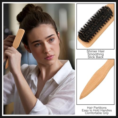 Boar Bristle Slick Back Hair Brush Comb with Wide Boar Bristle Brush,Hair Wax Stick,500PCS Elastic Rubber Bands for Women and Men Sectioning,Parting - Image 3