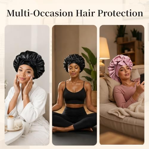 2PCS Silk Bonnet for Women, Satin Bonnet for Sleeping, Large Sleep Cap with Elastic Tie Band for Curly Hair (Bean Paste Pink+Black) - Image 2