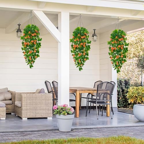 BLEUM CADE Artificial Hanging Flowers for Outdoors, 4pcs Fake Hanging Plants Pothos Vines with Orange Flowers for Wall Home Living Room Indoor Outdoor Fall Decor (No Baskets) - Image 5