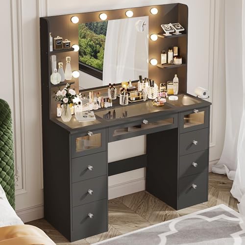 Black Vanity with Lighted 23.5'' Mirror, Makeup Vanity Desk with Glass Top - Image 7