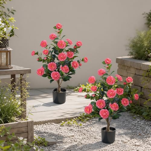HyeFlora 3ft Artificial Camellia Tree 2 Pack, 34 Inches Faux Camellia Plant in Pot,Fake Potted Camellia Flower Trees UV Resistant for Modern Home Office Living Room Floor Indoor Outdoor Patio Decor - Image 4