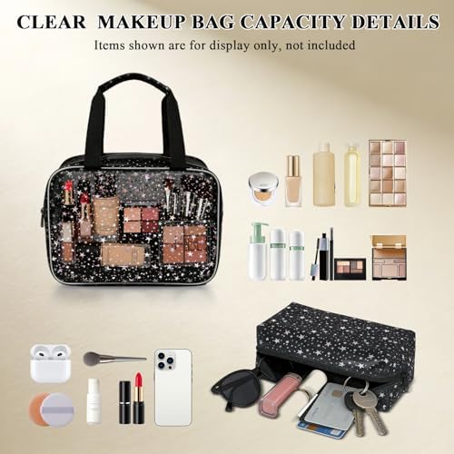 2PCS Clear Star Print Waterproof Makeup Bag, Lagre PVC Cosmetic Pouch with Zipper, Travel Toiletry Organizer for Women, Small Personal Item for Travel, Business Trip, Gym & Daily Use (Black) - Image 3