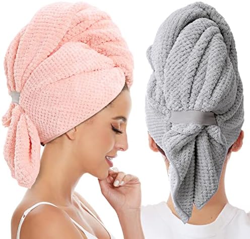 2 Pack Large Microfiber Hair Towel Wrap for Women, Anti Frizz Hair Drying Towels, Fast Dry Hair Turban - for Wet, Long, Thick, Curly Hair - Super Absorbent Soft Towels - Gray & Pink by BYCOO
