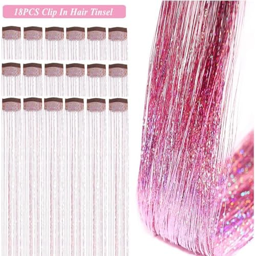 18 Pcs Hair Tinsel Clip in, Pink Hair Tinsel Kit, Tinsel Hair Extensions - Image 2
