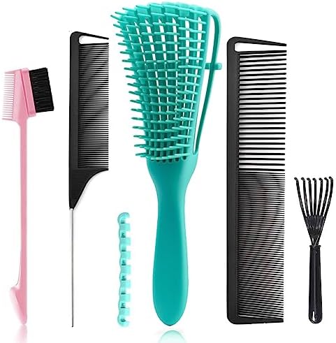 5 Pcs Detangling Hair Brush Set, Ez Detangler Brush With Edge Brush, Rat Tail Combs for Black Natural Hair Styling and Cuting, Curly/Straight/Wet/Dry/long/Short Hair Available for Women Kids Men by MISSUHUI
