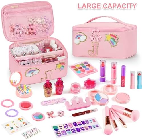 OCHEAL Initial Makeup Bag,Pink Travel Makeup Organizer Case Beauty Toiletry Cosmetic Bag with Rainbow, Trendy Stuff Personalized Gifts for Women and Girls-J - Image 2