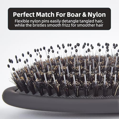 Boar Bristles Hair Brush for Women and Men, Detangling Hair Brush for Smoothing Massage Add Shine, Nylon&Boar Bristles Detangler brush for Hair Healthy (1 Pack-Black) - Image 3