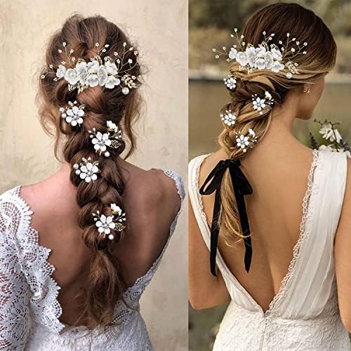 5 PCS Bridal Flower Wedding Hair Pins Crystal Pearl Hair Clips Headpiece Gold Wedding Hair Accessories Jewelry with Rhinestone for Brides Bridesmaids Women Girls Updo (Pure White Flower) - Image 6