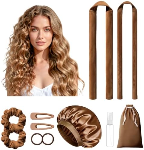 LitBear Heatless Curls Overnight, 2 Sizes of Soft Hair Rollers for Women with Bonnet to Sleep in, No Heat Hair Curlers Set with Scrunchies and Clips, for Long and Medium Hair (Brown) by LitBear